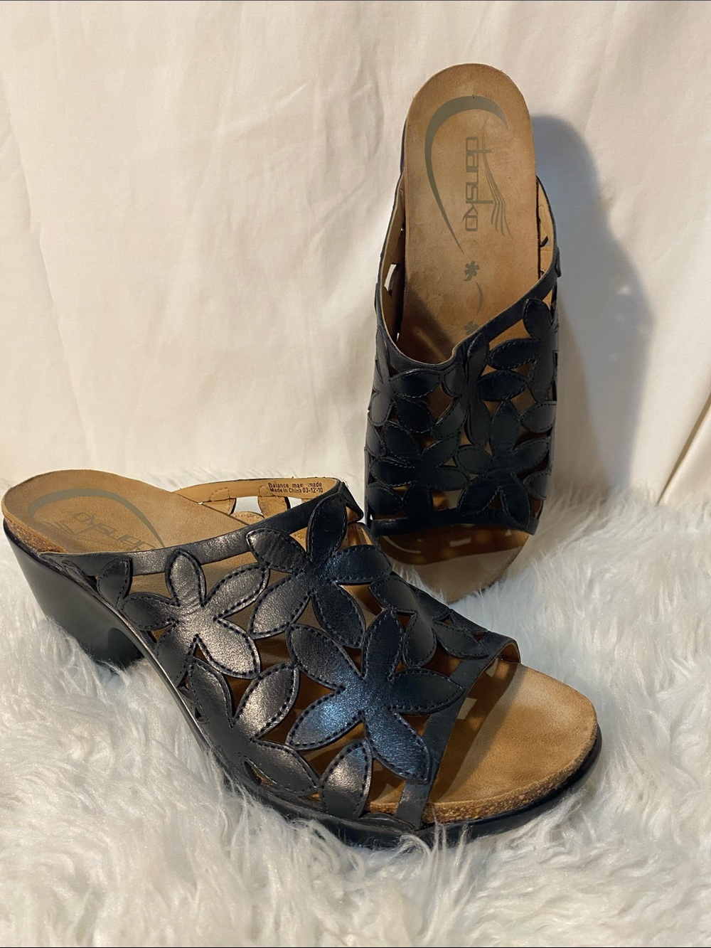 Dansko Clarissa Black Floral Cutout Leather Mules Sandals